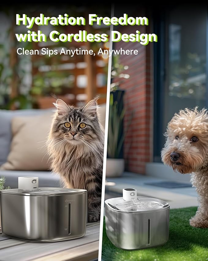 Wireless Cat Water Fountain, 135 fl oz/4L Battery Operated Cat Fountain Stainless Steel with Water Level Window, 3 Work Modes, Cordless Pet Water Fountain for Cats, Dogs, Pets, Inside