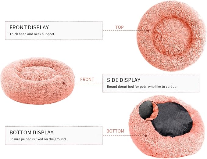 Small Cat Bed for Indoor Cats, Self-Warming Donut Kitty Bed for Small Cats Keeping Warm, Washable Pet Bed with Anti Slip Base, Pink 23‘’