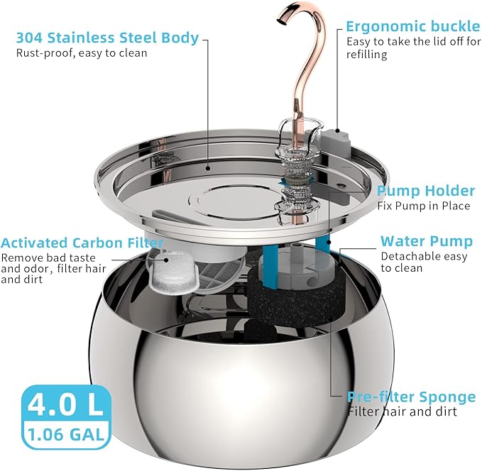 Tomxcute Cat Water Fountain - 4.0L/135oz Gooseneck Copper Faucet Design Cat Fountain for Drinking - Large Capacity Stainless Steel Cat Water Fountain - Comes with 3 Replacement Filters