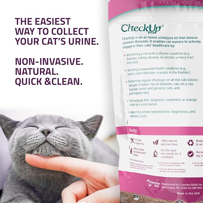 CheckUp Pro at Home Wellness Test for Cats | Hydrophobic Litter for Urine Collection & two 10 Indicators Test Strips for pH, Protein Urobilinogen, Glucose, Bilirubin, Ketone, S-Gravity, Blood in urine