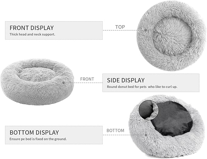 Small Cat Bed for Indoor Cats, Self-Warming Donut Kitty Bed for Small Cats Keeping Warm, Washable Pet Bed with Anti Slip Base, 23‘’ Grey
