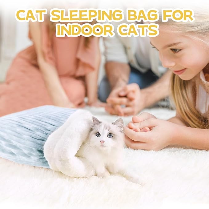 Cat Winter Sleeping Bag, Cat Bed Cave Sleeping Bag, Cat Sleeping Bag, 360°Wrap Comfortable Pet Snuggle Sack, Soft Plush Large Cat Sack - Size L(Gray Blue)