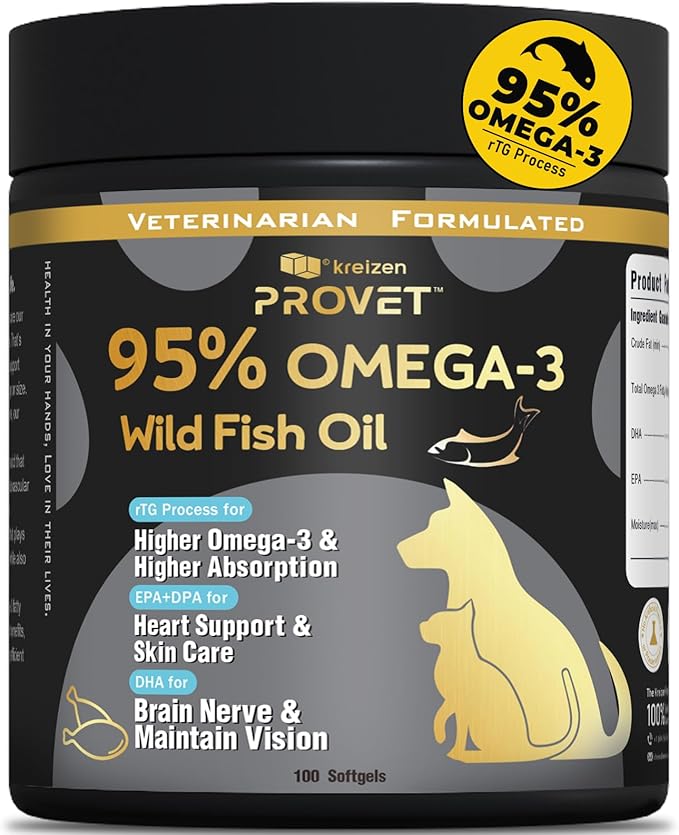 95% Omega 3 Fish Oil for Dogs & Cats, Vet-Formulated with RTG Processed Salmon Oil, Maximum EPA & DHA, Supports Heart, Skin, Coat, Joint,Heart & Immune Health, 100 Soft Gels