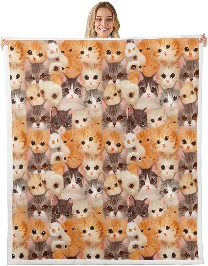 Cat Throw Blanket Kids Girls Cute Kitten Cats Print Warm Fuzzy Blanket for Bed Sofa Kawaii Lovely 3D Animal Fleece Sherpa Blanket Soft Animal Cat Collection Flannel Blanket Room Decor King 87"x95"