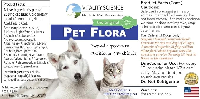 Pet Probiotic for Cats & Dogs | Pet Flora - Great for Diarrhea, Vomiting, Gas, Skin Conditions - Additive Free (500 Caps)