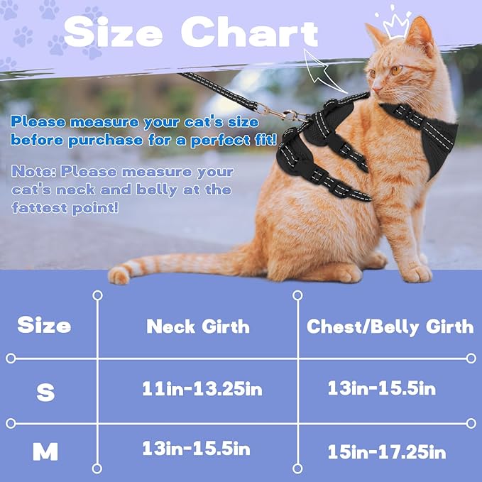 Fully Escape Proof Cat Harness and Leash Set for Walking, Adjustable Soft Kitten Vest with Reflective Strip for Small Medium Large Adult Cats, Breathable Kitty Harness,Black S