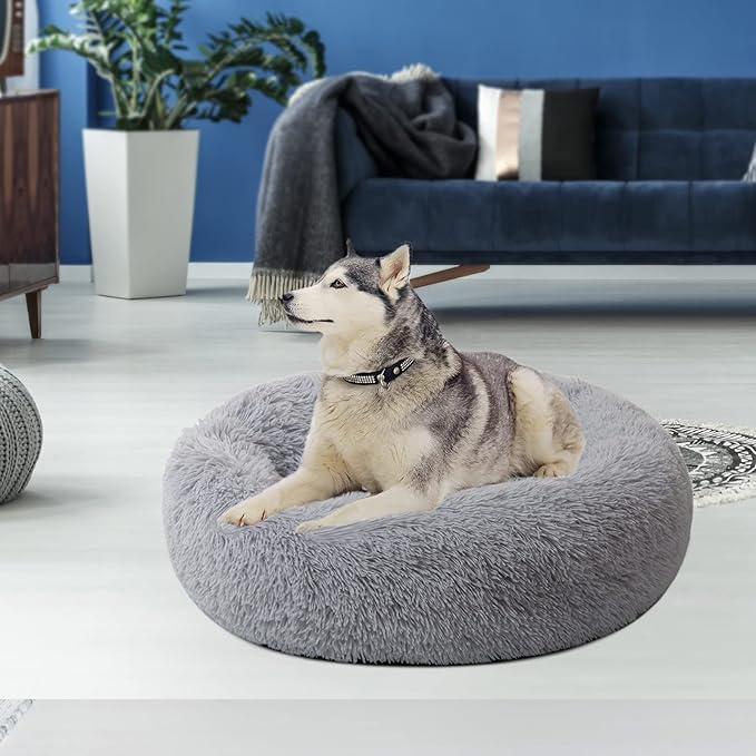Large Dog Bed, Calming Donut Round Cat Bed for Medium Pet, Comfy Luxury Cuddler Anti Anxiety Plush Furry Cusion Mat(Grey 31.5")