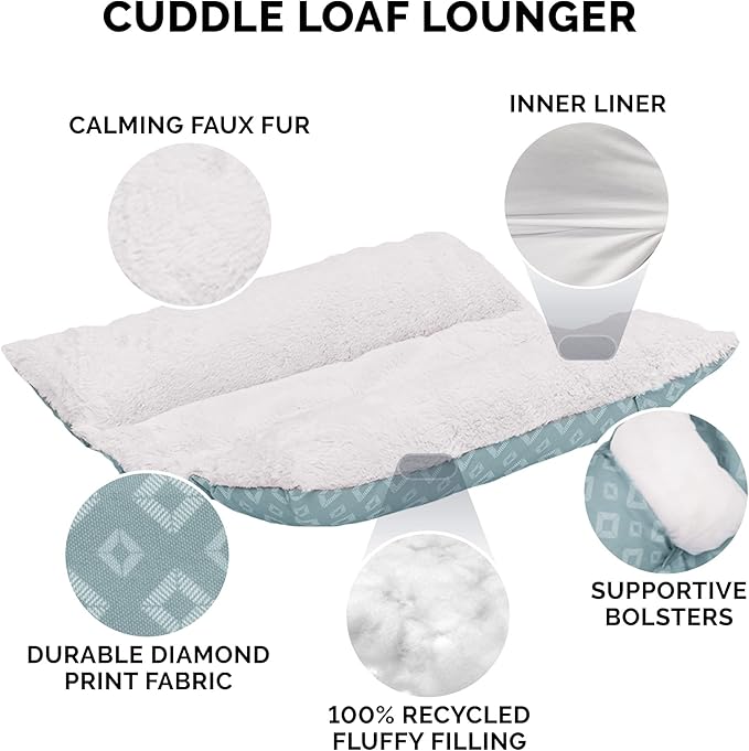 Furhaven Cat Bed for Indoor Cats, Washable w/ Removable Bolsters, For Pets Up to 18 lbs - Plush & Diamond Print Cuddle Loaf Mat - Aqua, Large