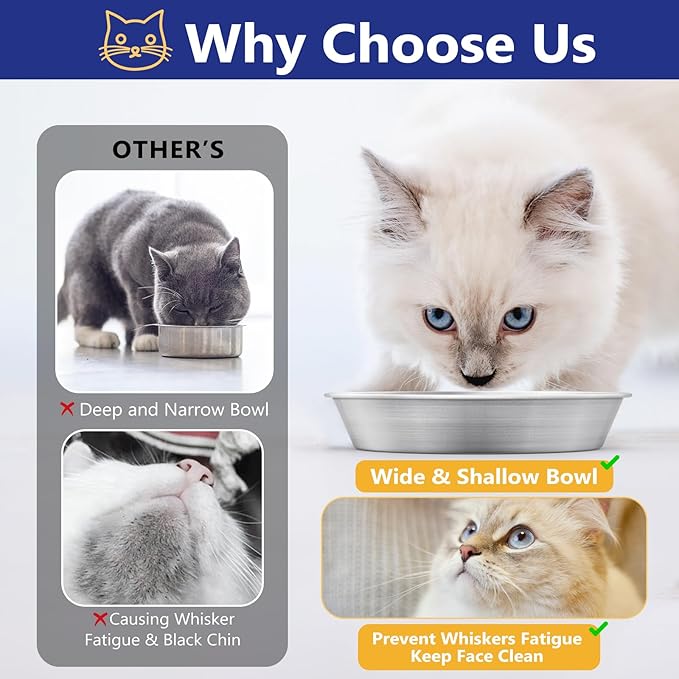 Wide Whisker Friendly Cat Dishes Set 6.7", Stainless Steel Cats Bowls, Shallow Food Bowl, Indoor Kitten Feeding Wet & Dry Food Dish to Prevent Whisker Fatigue(13 OZ) (Cat Bowls, 2 PCS)