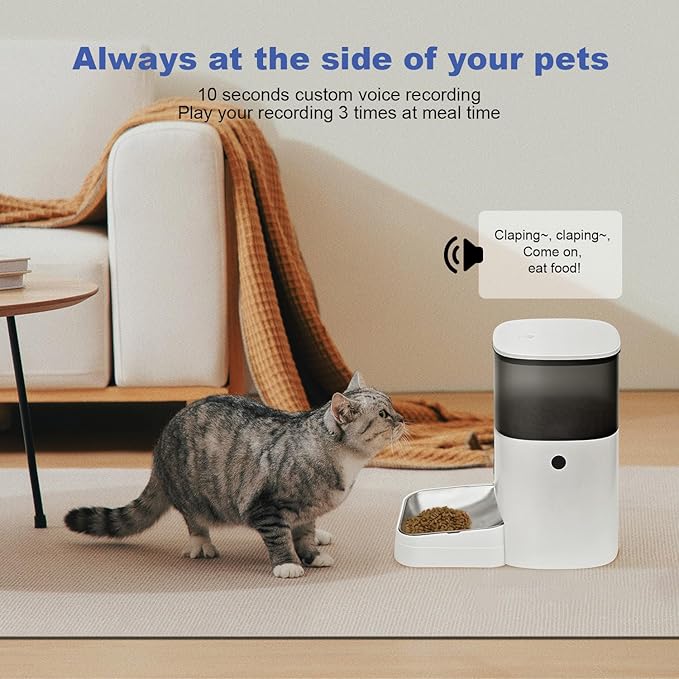 WiFi Automatic Cat Feeder, 4L Food Dispenser with 10s Voice Recorder, Pet Feeder up to 10 Meals per Day, Timed Cat Feeder with Dry Food Sealed Ring (White, 4L-WiFi)