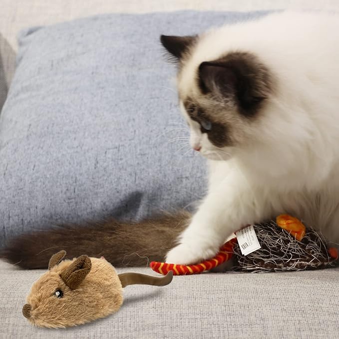 Gigwi Interactive Cat Toys for Indoor Cats, Cat Mouse Toys 2 Pcs with Electronic Realistic Squeaky Sound, Automatic Moving Kitten Toys Electric Mice Toy Self Play Exercise(Brown & Orange Ears)