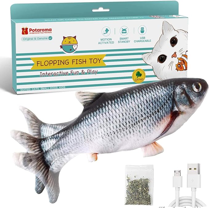 Potaroma Cat Toys Flopping Fish with SilverVine and Catnip, Moving Cat Kicker, Floppy Wiggle Fish for Small Dogs, Interactive Motion Kitten Exercise Toys, Mice Animal Toys 10.5"