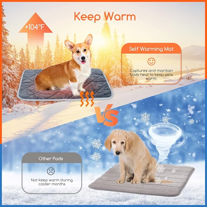 Nobleza Self Heating Cat Mat, Super Thermal Dog Crate Pad for Indoor Outdoor, Washable Anti-Slip Kennel Mat for Medium Small Dogs and Cats, 35 * 23" Grey