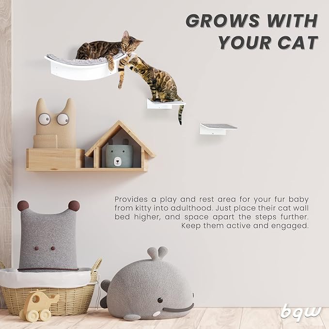 Floating Cat Shelf Wall Mounted Cat Bed Furniture Climbing Wall for Cat Perching Sleeping Lounging with 2 Steps (Curved)