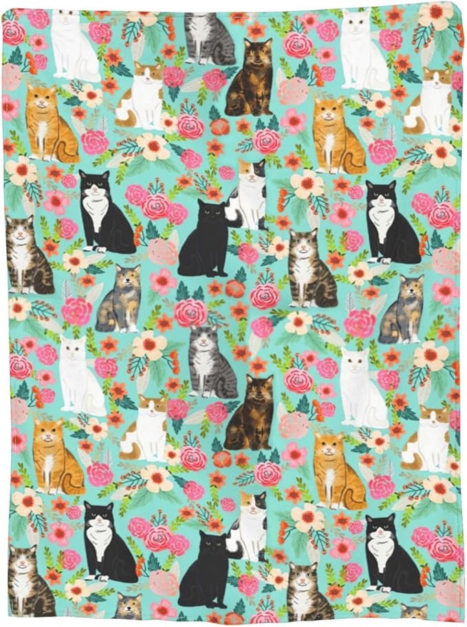 Dollffey Cat Blanket Gifts for Girls Women Cute Cats Flowers Flannel Fleece Throw Blanket Soft Plush Lightweight Warm Fuzzy Teal Blanket for Cat Lovers Decor Bed Couch Living Room for Kids 40"X50"