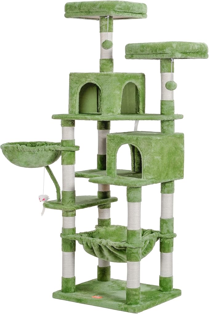 Heybly Cat Tree, 70 inches Tall Cat Tower condo with Toy for Indoor Large Cats, Cat House Furniture with Padded Plush Perch,Cozy Hammock and Sisal Scratching Posts,Green HCT032GR