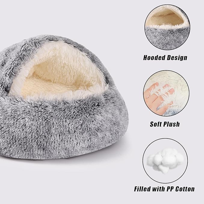 Round Hooded Cat Bed & Dog Bed with Cover Cave, Dog Bed for Small Dogs, Faux Fur Cuddler Round Coved Cat Bed Self Warming Donut Dog Bed Fits up to 22 lbs Pets (Gray, 24inch x 24inch)