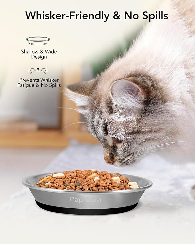 Stainless steel Cat Bowls, Non-Slip Silicone Bottom, Metal Cat Bowls for Food and Water, Whisker Friendly with Wide and Shallow Design, 6.3'' Wide, 0.7mm Thick Steel, Ideal Dog Dish for Cat and Dog