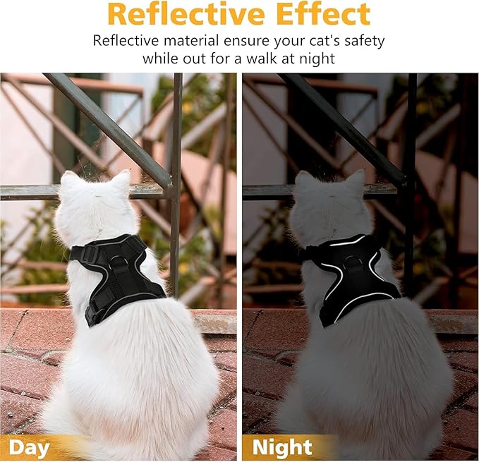 Dooradar Cat Harness and Leash Set, Escape Proof Safe Adjustable Kitten Vest Harnesses for Walking, Easy Control Soft Breathable Mesh Jacket with Reflective Strips for Cats, Black, XXS