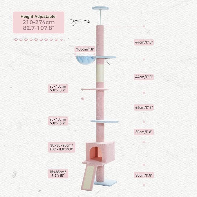 PETEPELA Floor to Ceiling Cat Tree, Cat Tower 5 Tiers Tall (83-108 Inches) Adjustable Height, Cat Climbing Tree Featuring with Cat Condo, Cat Scratching Post and Cat Perches for Indoor Cats, Blue