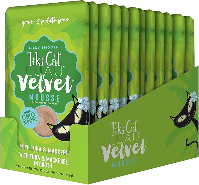 Tiki Cat Luau Velvet Mousse, Tuna & Mackerel in Broth, Complete Nutrition for Balanced Diet, Wet Cat Food For All Life Stages, 2.8 oz. Pouch (Pack of 12)