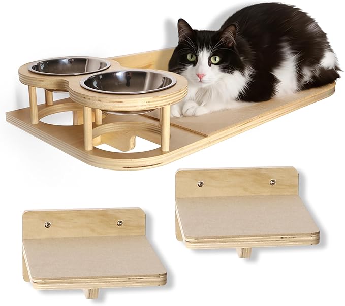Cat Wall Shelves by CELESTIAL ESSENTIALS –Modern Wall-Mounted Cat Climbing Shelves with Bowls, Steps, Hammock, Carpet Bed, Spacious Perching Shelf, Sturdy Furniture Gift, Special Sale!