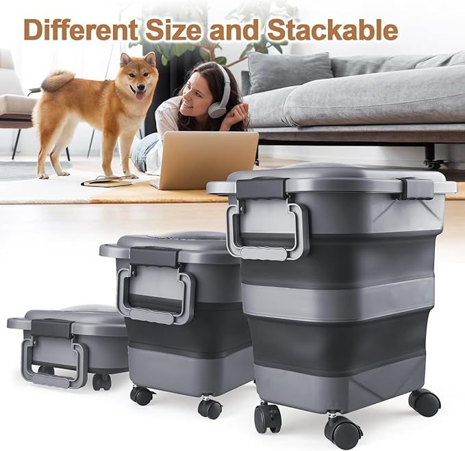 Dog Food Storage Container,10-20 lbs Airtight Collapsible Cat Food Storage Container with Attachable Wheels, Portable Handle, Dog Food Scoop for Dog Cat Bird Pet Dry Food Storage Bin Medium Pack of 2