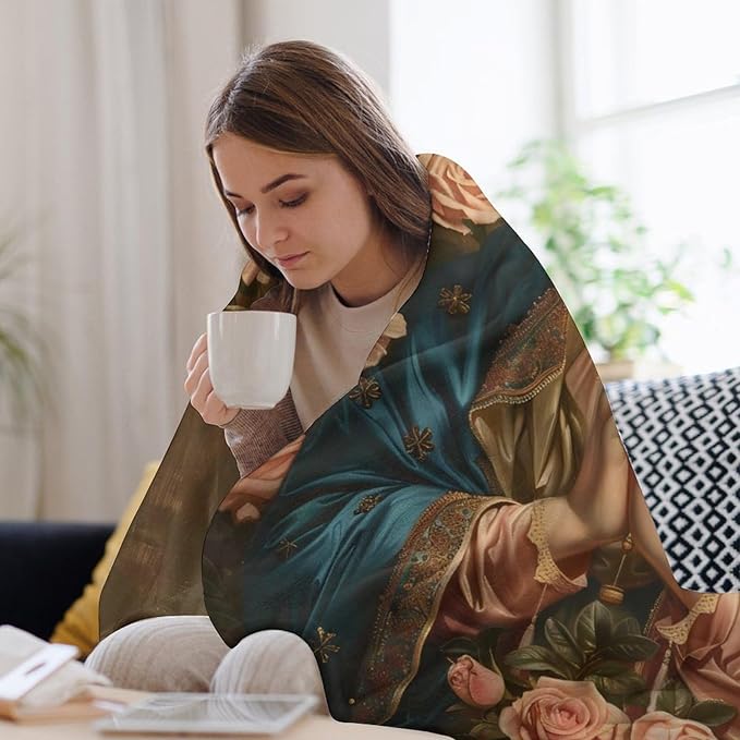 Virgin Mary Throw Blanket Catholic Religious Faith Mexican Mother of God Prayer Print Blankets Gifts for Couch Sofa Stuff Decor Cozy Fleece Plush Flannel Bedding for Lover Men Women Adults 40"x50"