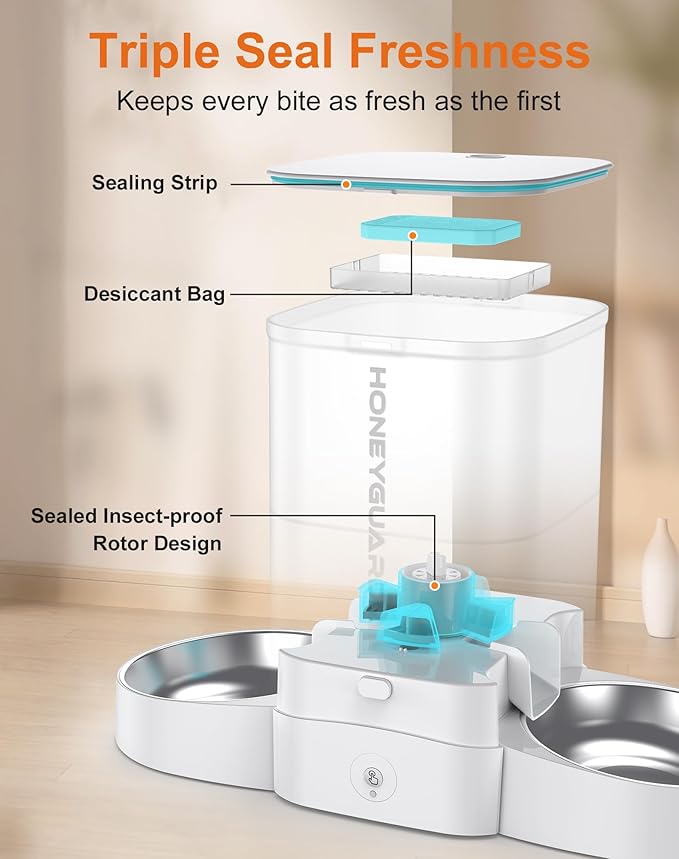 HoneyGuaridan 3.5L Automatic Cat Feeder for Two Cats, 2.4G WiFi Enabled Smart Feed Pet Feeder with Stainless Steel Bowl,APP Control Dispenser, Dual Power Supply,Desiccant Bag,10s Meal Call