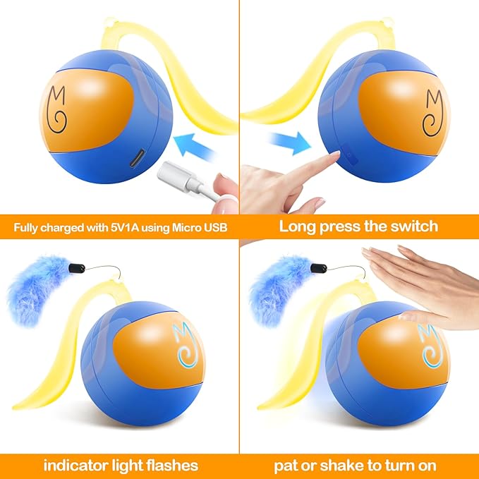 Migipaws Interactive Cat Ball Toy Set, Fun Tracker, Automatic Rolling Chase Ball with Fluffy Tail, A Small Mice, Rechargeable(Blue)