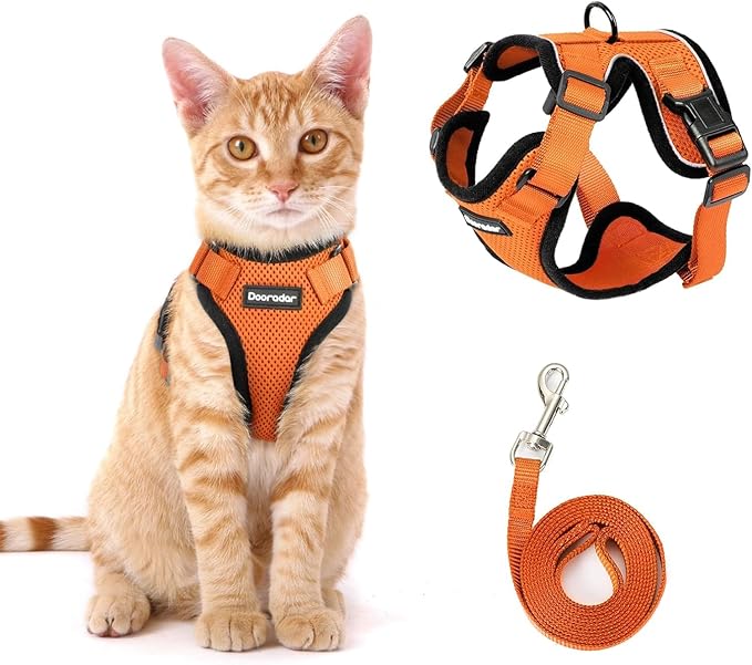 Dooradar Cat Harness and Leash Set, Escape Proof Safe Adjustable Kitten Vest Harnesses for Walking, Easy Control Soft Breathable Mesh Jacket with Reflective Strips for Cats, Orange, XXS