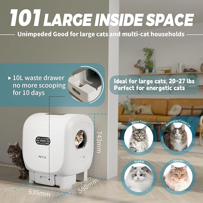 101L Automatic Cat Litter Box Self Cleaning Large Dual Exit Robot Litter Box with Automatic Cleaning for Large Cats, Odor Control, Low Noise, Scoop-Free 10 Days, No App, Pet Activity Structure