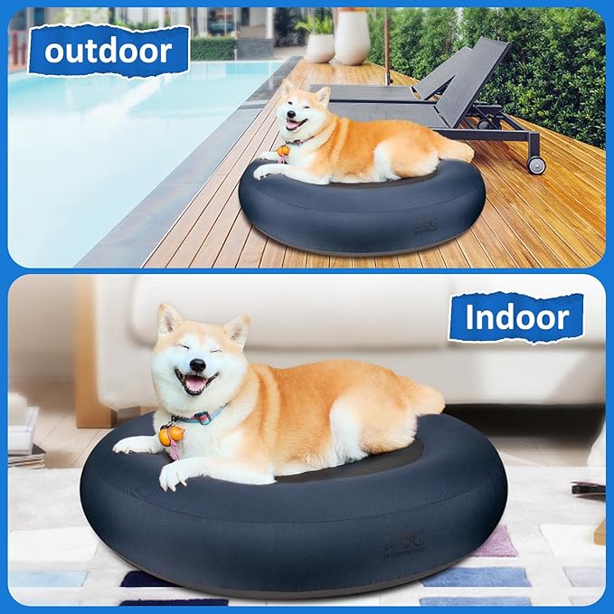 Elevated Dog Bed,Inflatable Dog Bed Raised,Pet Cushion Sofa for Medium Dogs,Portable Dog Cot Doughnut Round Stand,Waterproof Dog Bed Frame for Indoor,Outdoor(Blue)