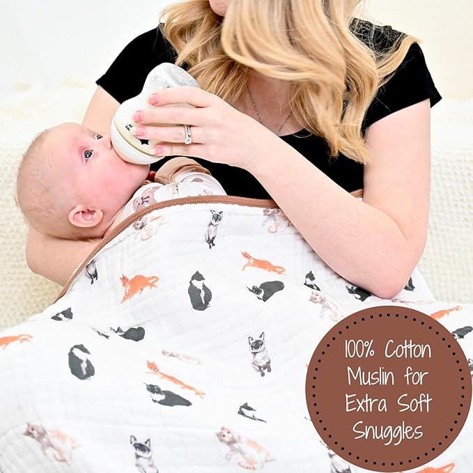 LollyBanks Muslin Baby Blanket 100% Cotton, Muslin Quilt Lightweight, 6 Layers Baby Blankets 47"x 47", Toddler Blanket for Boy and Girl, Nursery Receiving Blankets Baby Essentials (Cats Print)