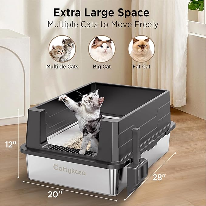XXL Stainless Steel Cat Litter Box with Lid,28"x20"x12"Extra Large Litter Box-for Big Cats,Jumbo Litter Box High Sided, Never Absorbs Odors, Anti-Urine Leakage, Easy Cleaning, Include Scoop