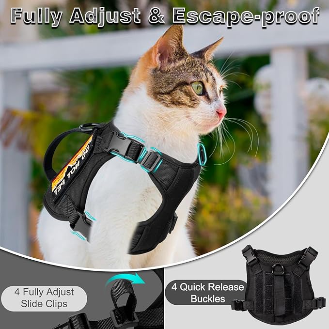 Tactical Cat Harness for Walking, Adjustable Escape Proof Pet Vest for Large Cat,Easy Control Breathable Cat Vest with Handle,Molle Patches (Black, L)