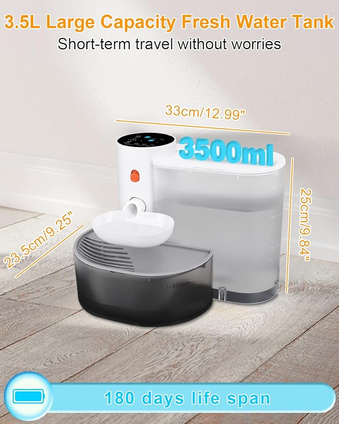 GJEASE Smart Pet Water Fountain No Filter,Wireless Cat Water Fountain Cordless, Battery Operated Filterless Cat Water Fountain