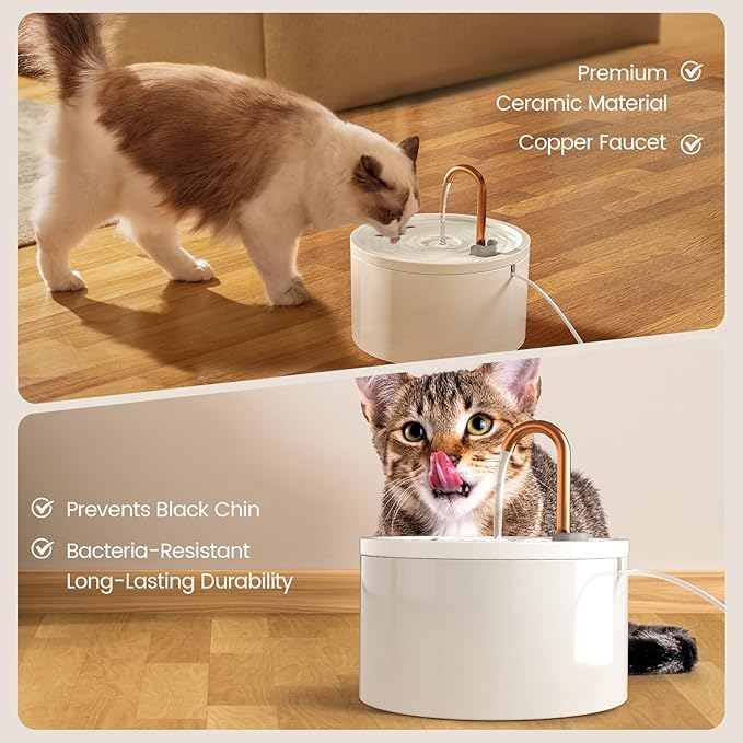 Ceramic Cat Water Fountain, 2.1L/71oz Pet Fountain, Automatic Ceramic Drinking Fountain for Cats, Water Fountain Indoor with Ultra-Quiet Pump and Filter & Sponge (White)