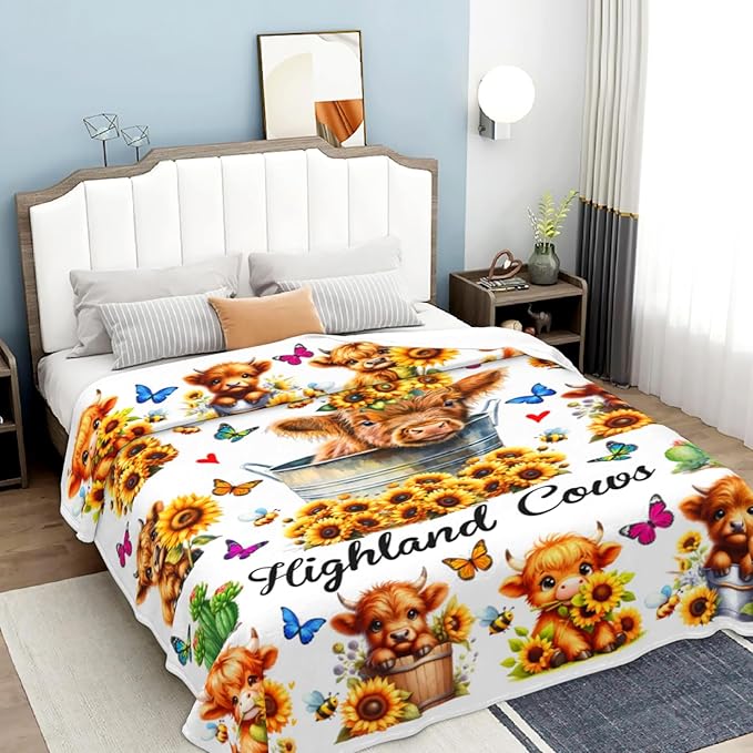 Highland Cow Gifts Sunflower Highland Cow Print Blanket Throw Plush Stuff Cute Animal Butterfly Gifts for Girls Kids Women Adults Highland Cow Lovers Birthday Decorations 50"X40"
