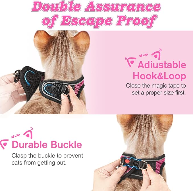 Cat Harness and Leash for Walking Escape Proof, Adjustable Kitten Vest Harness Reflective Soft Mesh Puppy Harness for Outdoor, Comfort Fit, Easy to Control (Pink, M)
