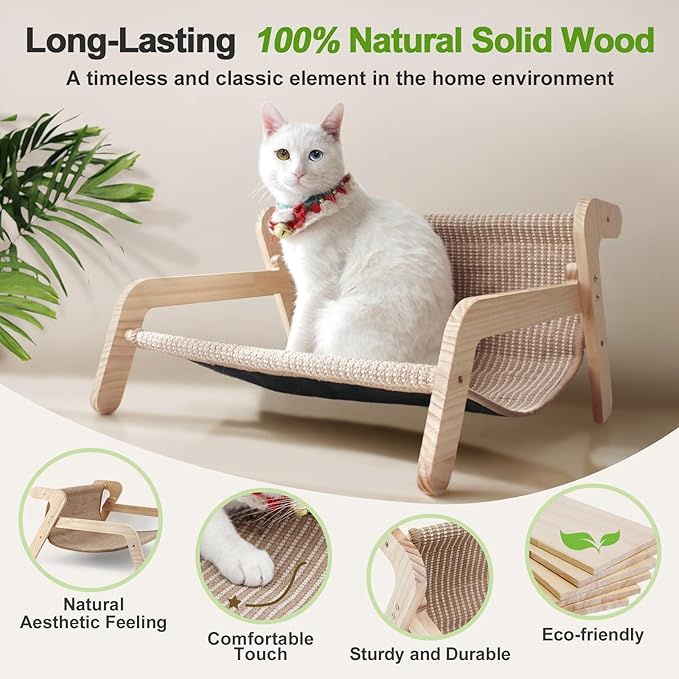 Sisal Cat Bed, Large Cat Beds for Indoor Cats, Easy Clean Sisal Scratcher and Sturdy Natural Wood Cat Couch&hammock Comfy Rustic Cat Furniture for Living Room Bedroom, All Age Up to 50Lbs(21" x 18")