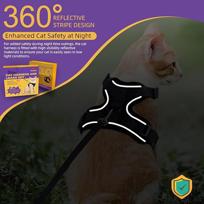 Adjustable Cat Harness and Leash Set for Outdoor Walking, Soft Breathable Mesh Cat Harness with Reflective Strips,Escape Proof Safe Cat Vest Harness, Black (S)