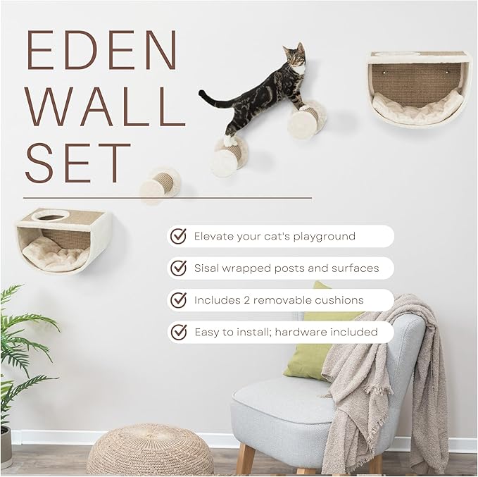 TRIXIE Eden Wall Mount Cat Tree 5pc Set, 2 Condos and 3 Perches/Steps, Scratching Post, Brown