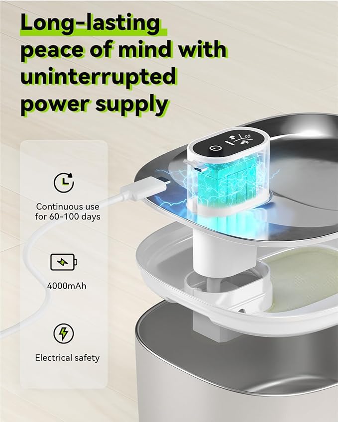 Wireless Cat Water Fountain, 135 fl oz/4L Battery Operated Cat Fountain Stainless Steel with Water Level Window, 3 Work Modes, Cordless Pet Water Fountain for Cats, Dogs, Pets, Inside