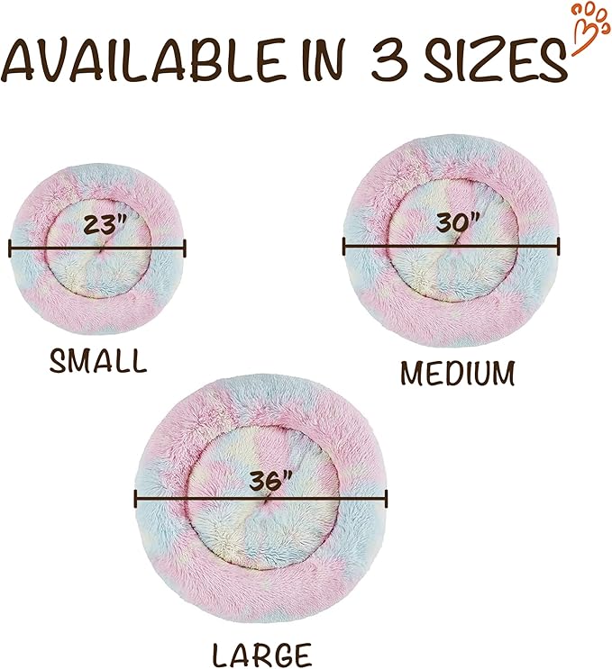 Friends Forever Donut Dog Bed Faux Fur Fluffy Calming Sofa For Large Dogs, Soft & Plush Anti Anxiety Pet Couch For Dogs, Machine Washable Coco Pet Bed with Non-Slip Bottom, 36"x36"x8" Rainbow