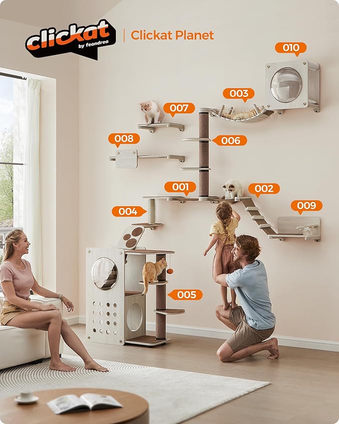 Feandrea Clickat Planet - Cat Wall Furniture, Set of 10, Cat Tree, Scratching Post, Shelves, Hammock, Bridge, Feeder, Extremely Quick Assembly, Unlimited Expandability, Replaceable Module and Parts