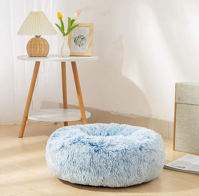 TumiMallody Donut Pet Bed, Plush Round Cuddler Cat & Dog Cushion Bed, Marshmellow Fluffy Faux Fur, Calming Comfy Furry (24 , Light Blue)