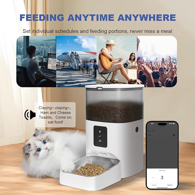 WiFi Automatic Cat Feeder, 4L Food Dispenser with 10s Voice Recorder, Pet Feeder up to 10 Meals per Day, Timed Cat Feeder with Dry Food Sealed Ring (White, 4L-WiFi)