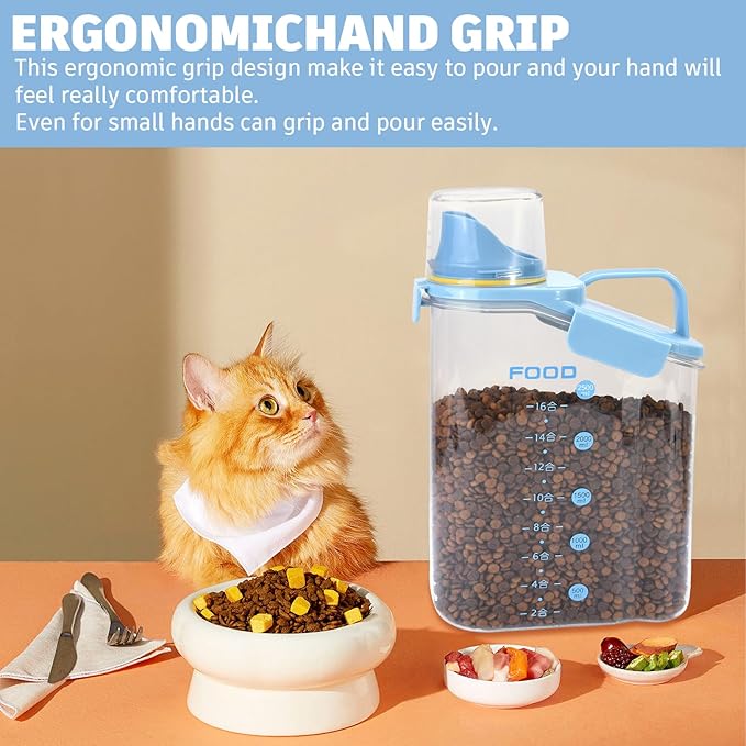 Dog Food Storage Container 3-5lbs, Dog Food Container with Airtight Pour Spout, Cat Food Storage Container with Measuring Cups, Portable Pet Food Storage Container for Dogs, Cats, Birds(Blue)
