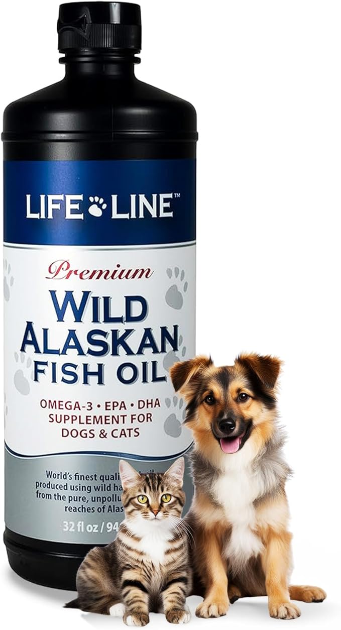 Life Line Pet Nutrition Wild Alaskan Fish Oil Omega-3 Supplement for Skin & Coat – Supports Brain, Eye & Heart Health in Dogs & Cats, 32oz
